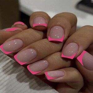 Short Square Press On Nails, French Tip Fake Nails, Full Cover False Nails